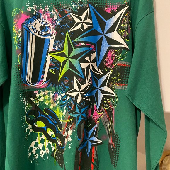 Steve & Barry's Paint Can Graffiti Graphic Green Long Sleeve Sweater - Picture 2 of 3